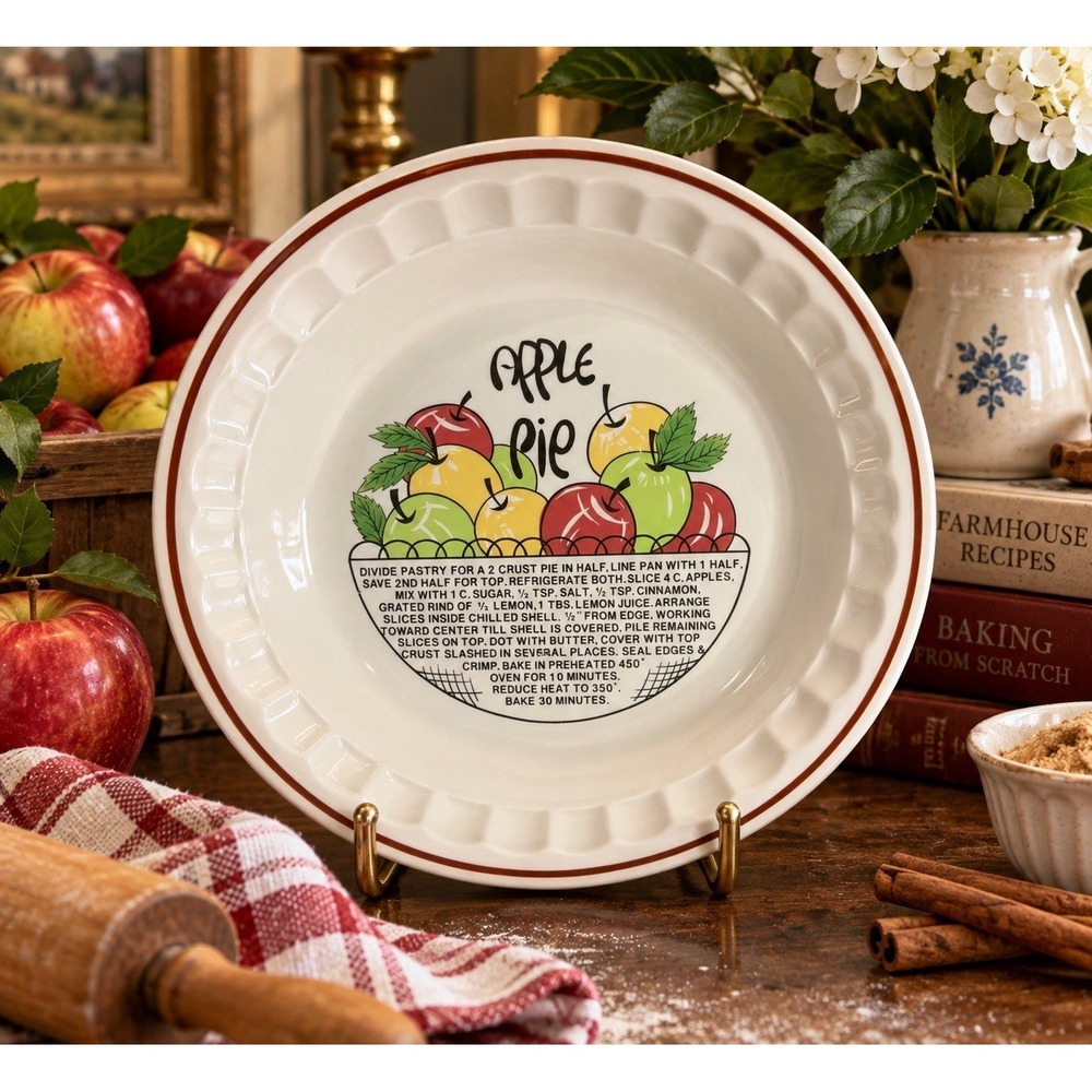 Vintage Hankook Apple Pie Recipe Ceramic Pie Plate Korea 10.5" Baking Dish